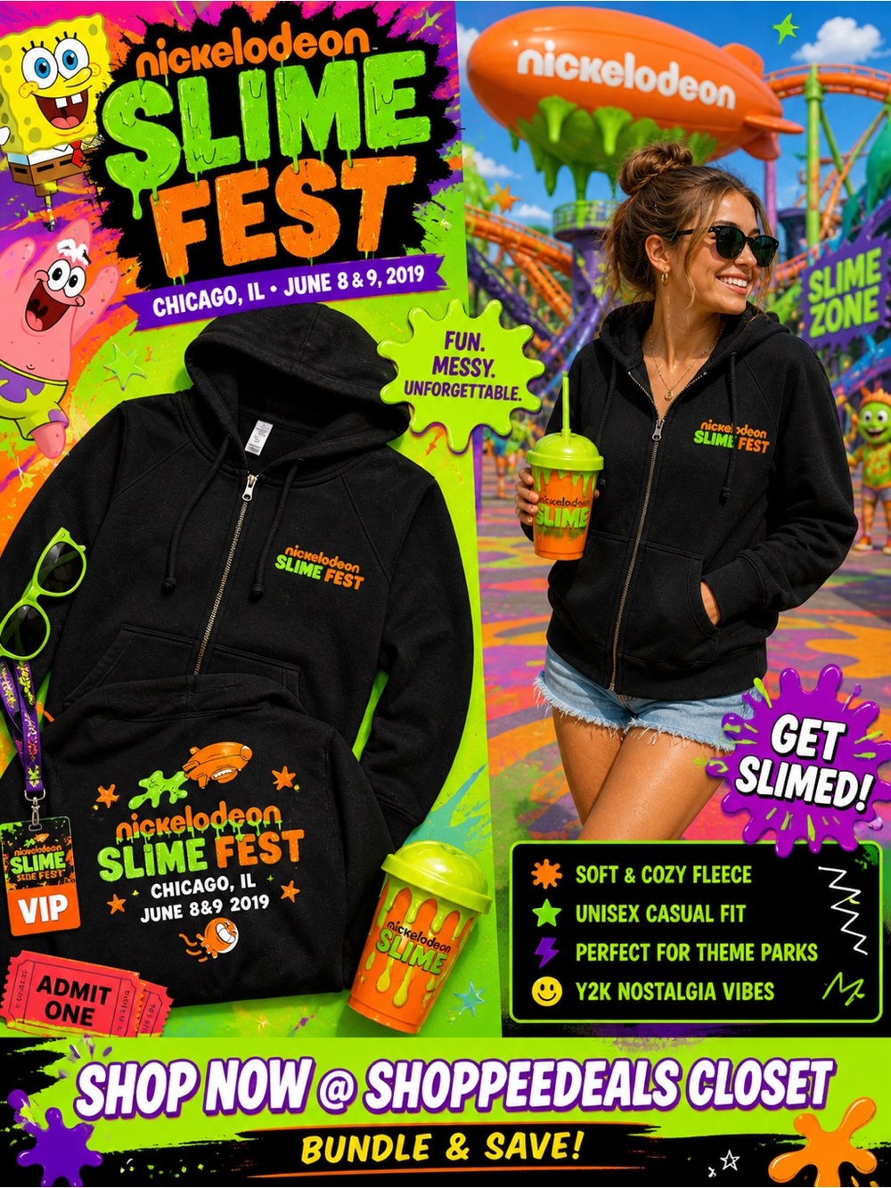Nickelodeon Slime Fest Chicago 2019 Black Zip Hoodie (Graphic Logo)